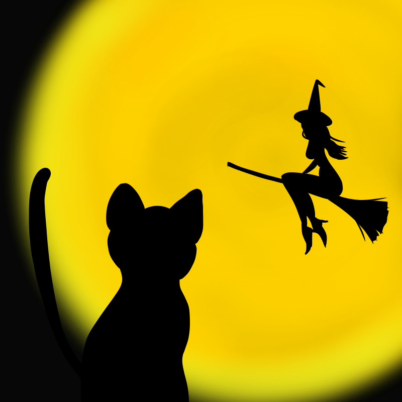 ハロウィン用、黒猫と満月と魔女のフリーイラスト